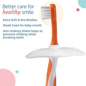 Luv Lap Baby Training Manual Toothbrush Set with Anti Choking Shield, Kids Teeth Tongue Cleaner, Baby Oral Hygiene, 3 pcs, (White/Orange)